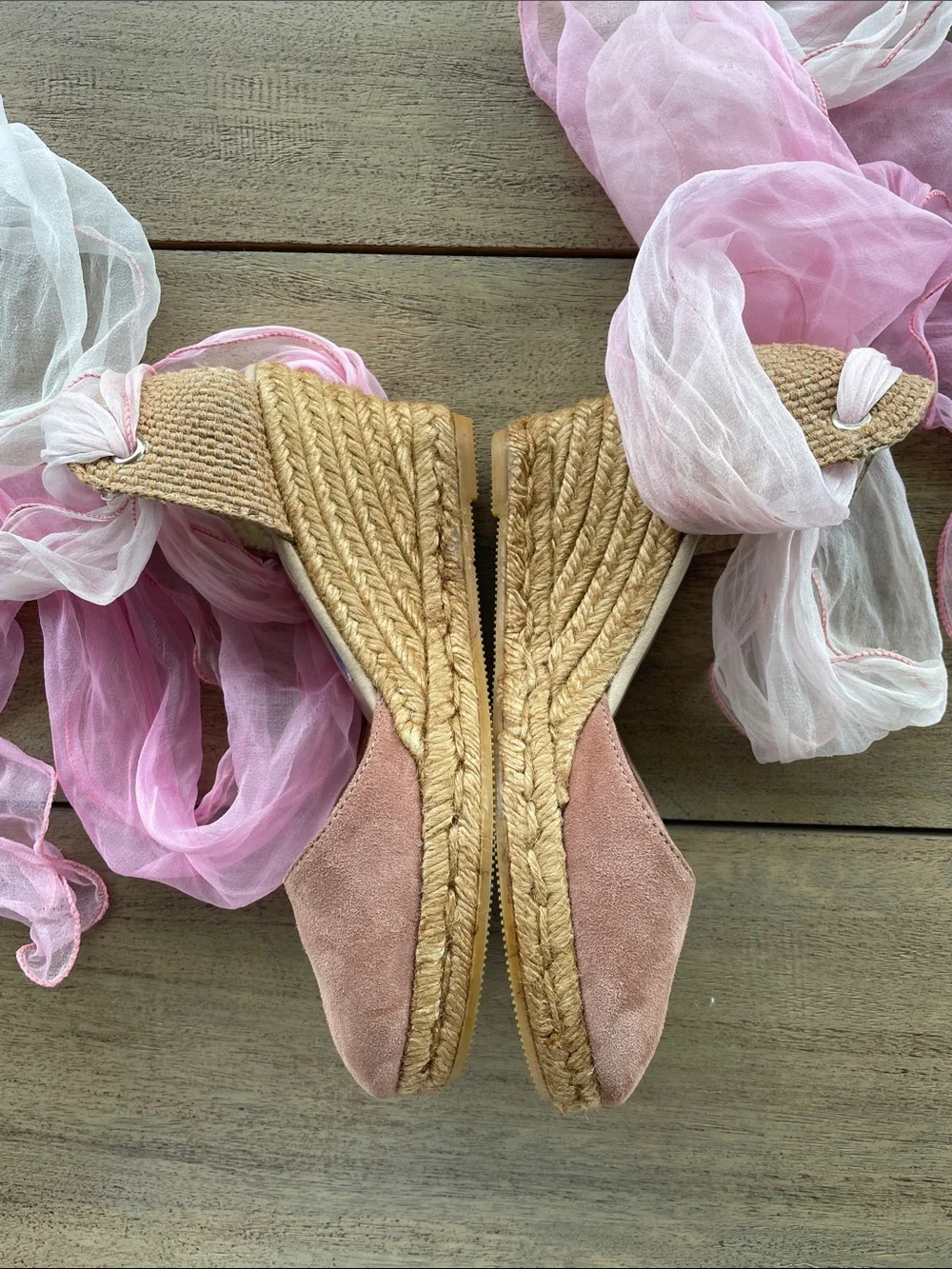 Gaimo Pink Suede Espadrille Wedges with Ankle Wraps Handmade in Spain  NWOT/BOX